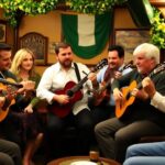 Friends enjoying Irish music at a lively watch party.