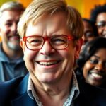 Elton John with a diverse group, smiling together.