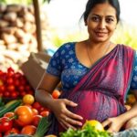 Pregnant woman surrounded by fresh fruits and vegetables.