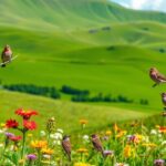 Colorful birds singing in a lush Irish landscape.
