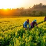 Farmers working in a lush green field during sunset.