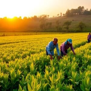Farmers working in a lush green field during sunset.