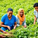 Diverse individuals harvesting crops in a lush field.