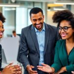 Diverse professionals collaborating in a modern office setting.