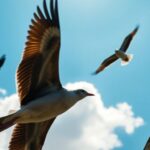 Birds flying in a bright blue sky.