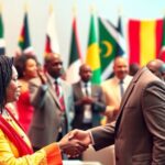 African leaders shaking hands at a trade conference.