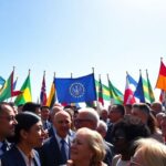 Diverse leaders gathered outdoors with flags and optimism.