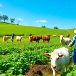Farmers working in green fields with livestock and crops.