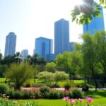 Urban park with greenery and people enjoying nature.