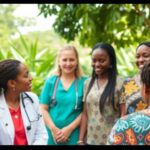 Healthcare professionals and community members collaborating outdoors.
