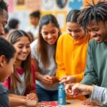 Young people collaborating in a vibrant community setting.
