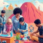 Diverse people collaborating in a bright, innovative environment.