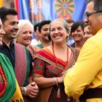 Group of Roma people in traditional clothing, smiling together.