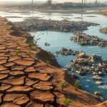 Drought-stricken land with polluted water and dying plants.
