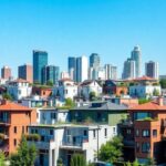 Innovative housing designs in a modern city skyline.