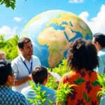 Delegates discussing climate change amid lush greenery and sky.