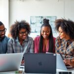 Diverse entrepreneurs collaborating in a modern workspace.