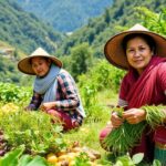 Rural mountain women farming in a lush green landscape.