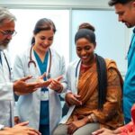 Healthcare professionals engage with diverse patients in a clinic.