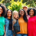Diverse activists smiling together in a lush outdoor setting.