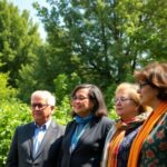 Diverse mayors discussing climate change solutions outdoors.