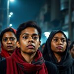 Concerned individuals united in a dim urban setting.