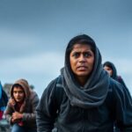 Migrants in a rugged landscape expressing distress and urgency.