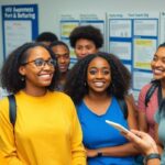 Diverse young adults discussing HIV awareness with enthusiasm.