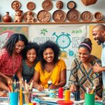 Diverse group collaborating in a creative workspace.