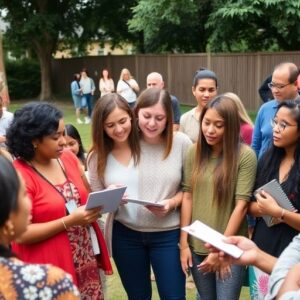 Diverse individuals collaborating outdoors in an engaging discussion.