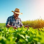 Farmer inspecting crops in a bright green field.