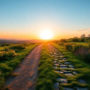 Four paths through a lush landscape at sunset.