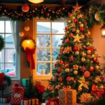 Festive holiday decorations with a Christmas tree and gifts.