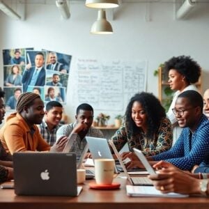 Diverse African innovators collaborating in a creative workspace.
