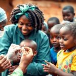 Health workers giving polio vaccinations to African children.