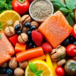 Colorful omega-3 and antioxidant-rich foods on a table.