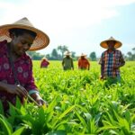 African farmers working in green fields under a bright sky.
