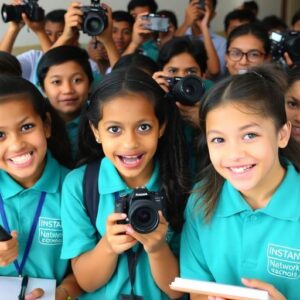 Students participating in a journalism contest, smiling and focused.