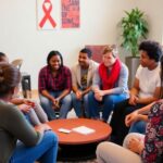 Diverse group discussing HIV awareness in a community setting.