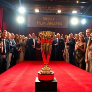 Film awards ceremony with a golden trophy and attendees.