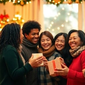 Diverse group enjoying a festive holiday gathering together.
