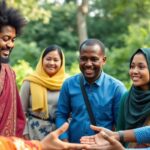 Diverse individuals in discussion promoting global peace initiatives.
