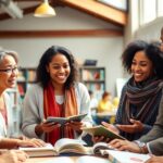 Diverse scholars discussing in an academic environment.