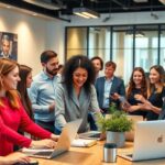 Diverse professionals collaborating in a modern office setting.