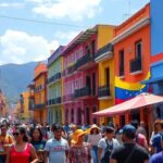 Vibrant street scene in Venezuela with locals and buildings.