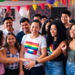Diverse LGBTQ+ individuals celebrating together in a vibrant scene.