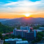 Kigali skyline with hills at sunset, inviting scholarship applications.