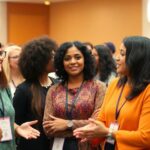 Diverse women discussing ideas at a conference.