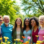 Diverse individuals smiling together in a sunny park.