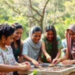 Group of diverse people collaborating outdoors for peace.